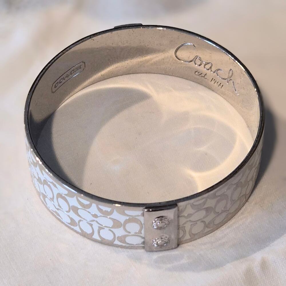 COACH Signature C White Enamel Silver Tone Wide Bangle Bracelet - Picture 2 of 7